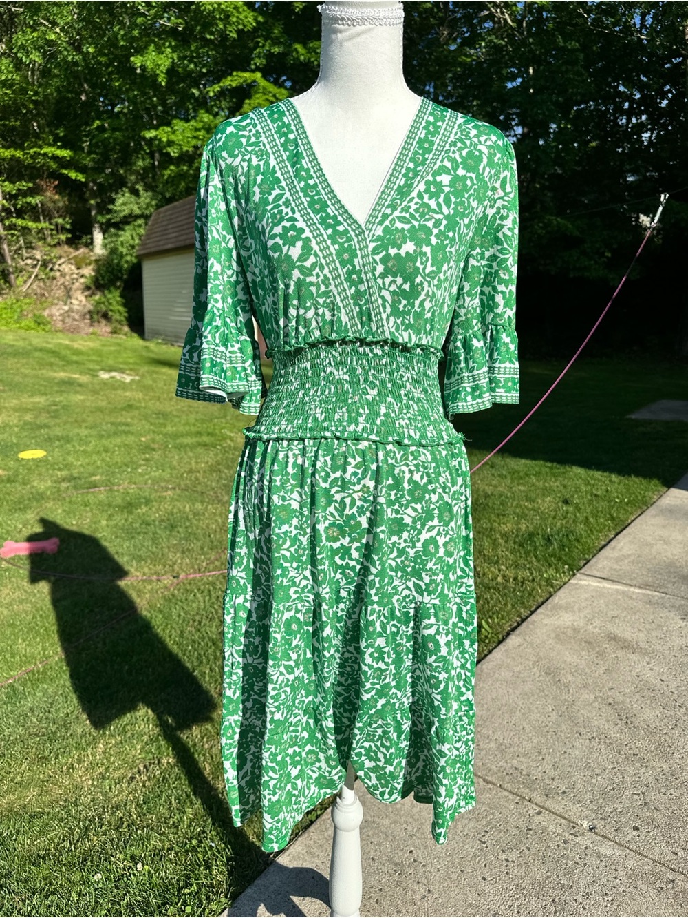 Max Studio Green Floral V-Neck Smocked Midi Dress